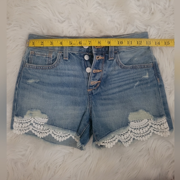 Old Navy-girls-distressed crochet detail denim jean shorts high rise button fly - Picture 6 of 7